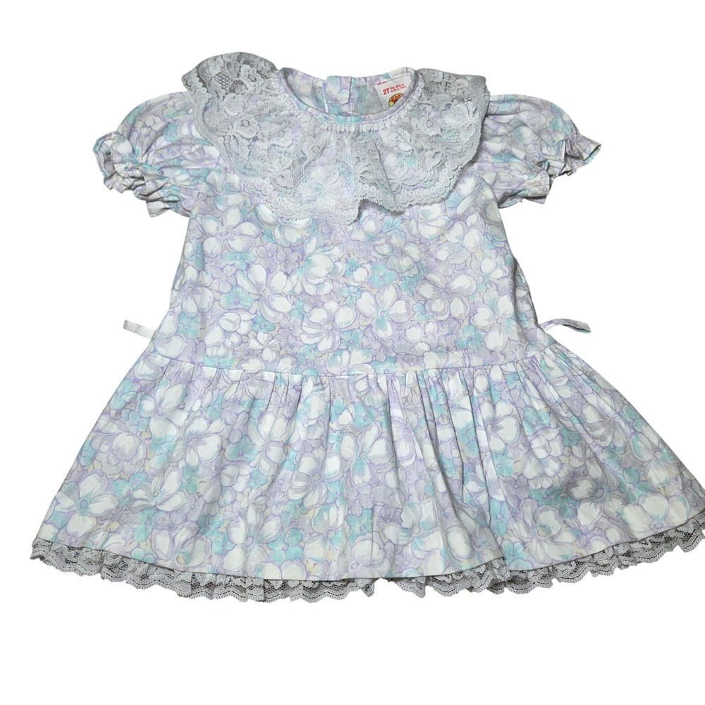 Vintage Winnie the Pooh Toddler Girl Floral Lace Collar Drop Waist Dress Size 2T